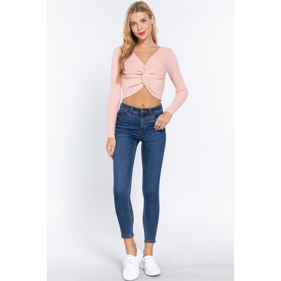 V-neck Front Knotted Crop Sweater - Picture 2 of 7